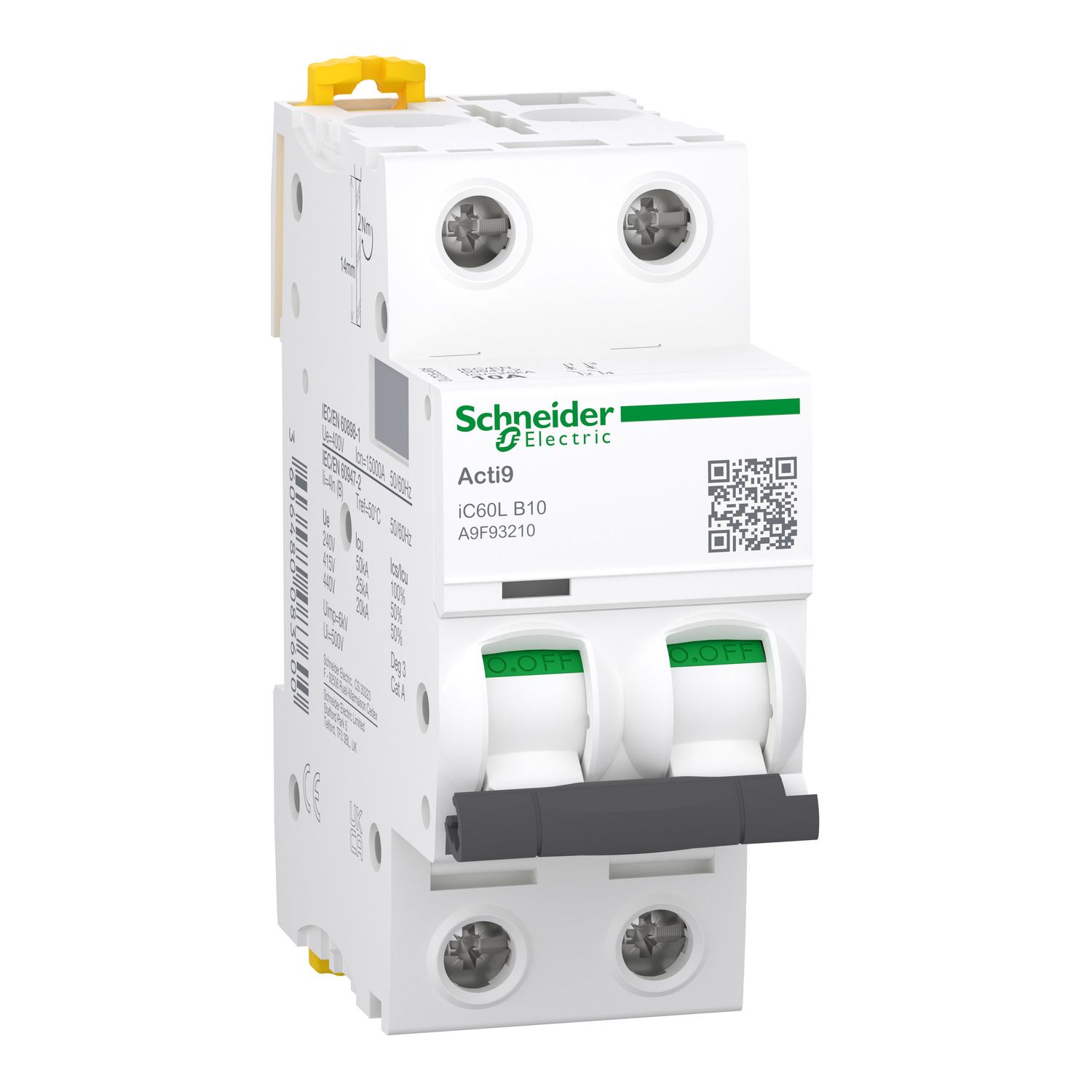 Picture of Miniature circuit breaker (MCB), Acti9 iC60L, 2P, 10A, B curve, 15000A (IEC/EN 60898-1), 25kA (IEC/EN 60947-2)