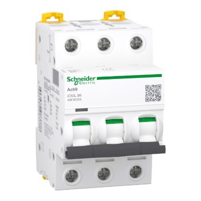 Picture of Miniature circuit breaker (MCB), Acti9 iC60L, 3P, 6A, B curve, 15000A (IEC/EN 60898-1), 25kA (IEC/EN 60947-2)