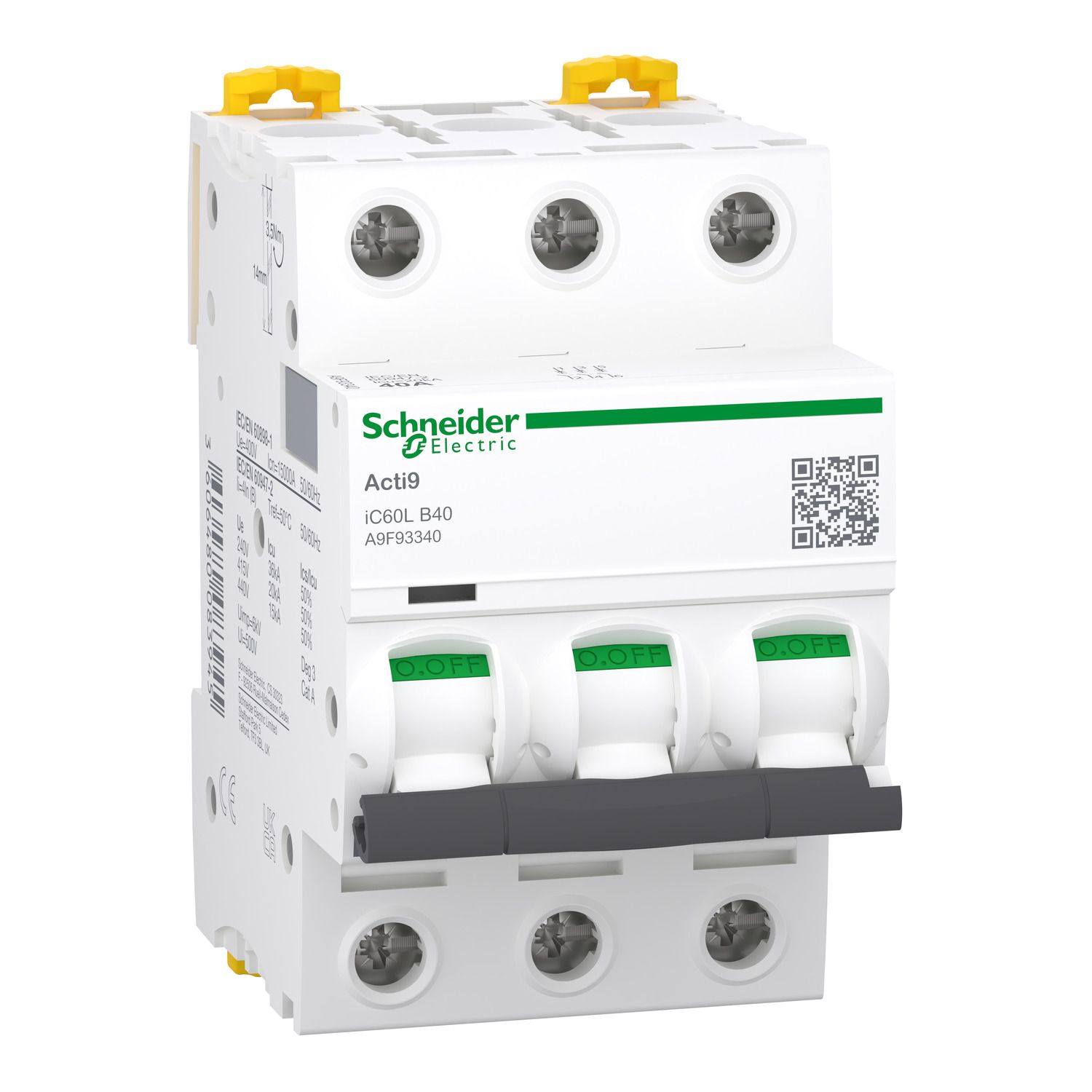 Picture of Miniature circuit breaker (MCB), Acti9 iC60L, 3P, 40A, B curve, 15000A (IEC/EN 60898-1), 20kA (IEC/EN 60947-2)