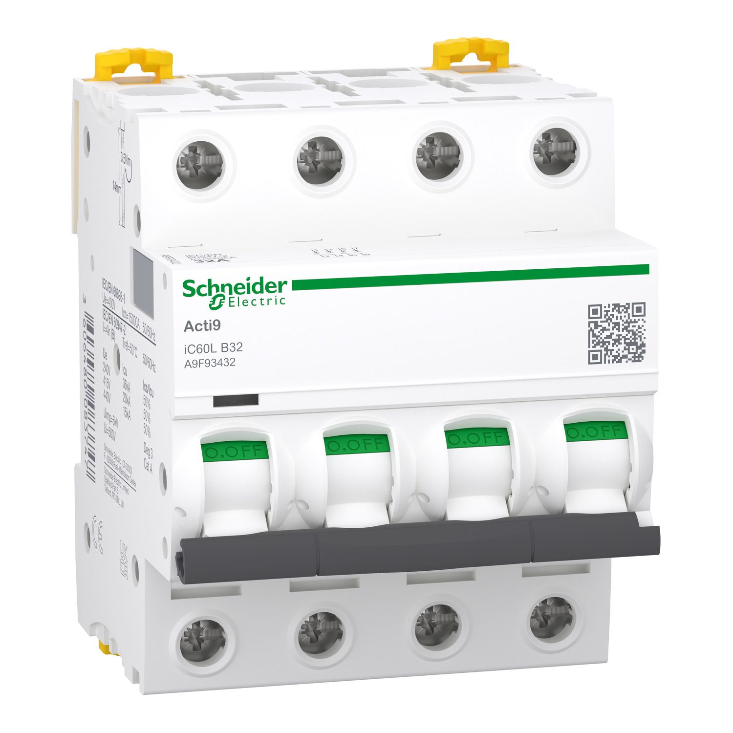 Picture of Miniature circuit breaker (MCB), Acti9 iC60L, 4P, 32A, B curve, 15000A (IEC/EN 60898-1), 20kA (IEC/EN 60947-2)