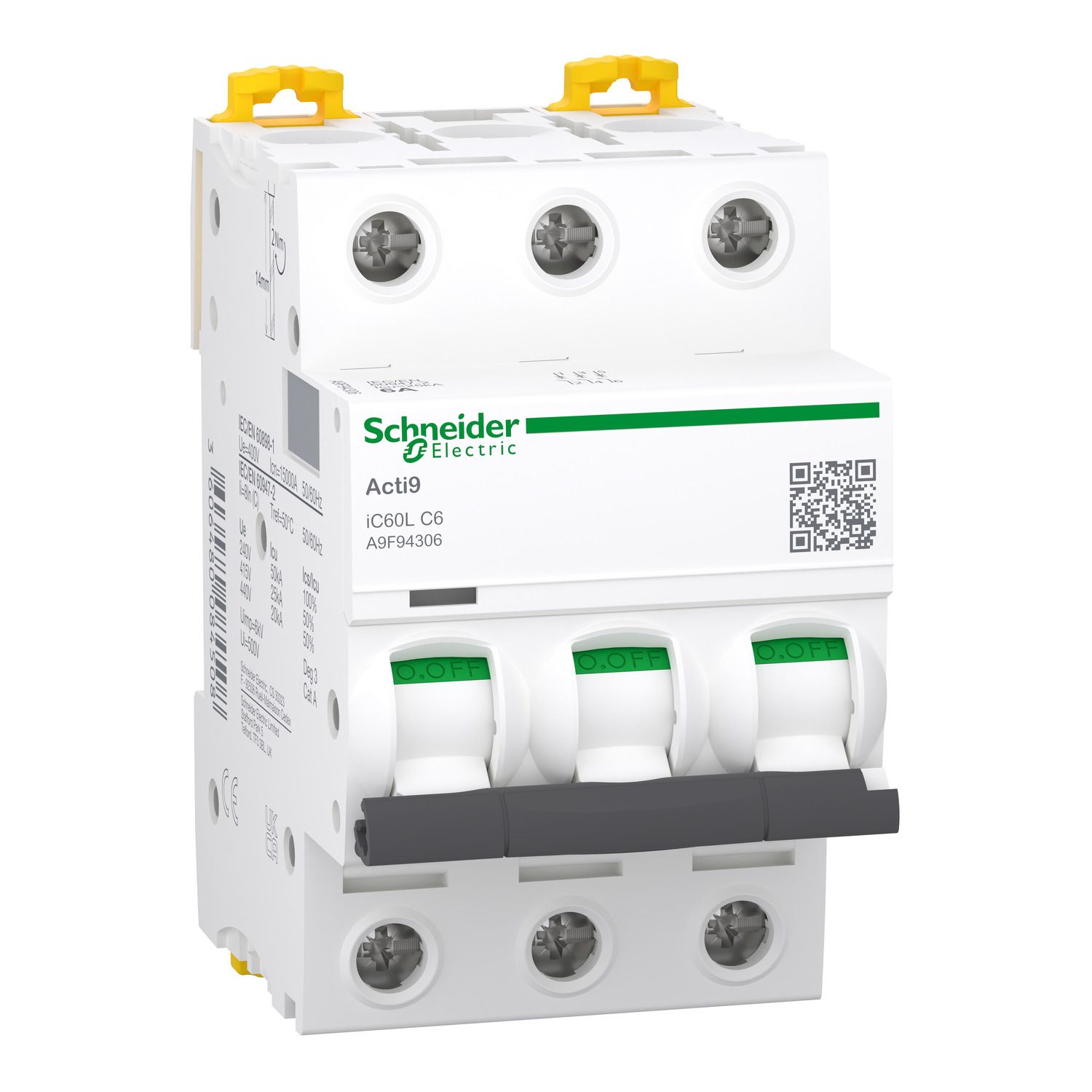 Picture of Miniature circuit breaker (MCB), Acti9 iC60L, 3P, 6A, C curve, 15000A (IEC/EN 60898-1), 25kA (IEC/EN 60947-2)