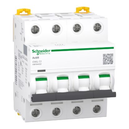 Picture of Miniature circuit breaker (MCB), Acti9 iC60L, 4P, 2A, C curve, 15000A (IEC/EN 60898-1), 100kA (IEC/EN 60947-2)