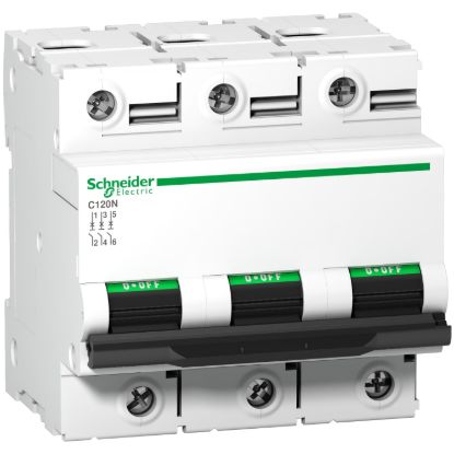Picture of Miniature circuit breaker (MCB), Acti9, C120N, 3P, 100A, C curve, 10000A (IEC/EN 60898-1), 10kA (IEC/EN 60947-2)