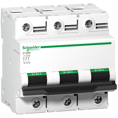 Picture of Miniature circuit breaker (MCB), Acti9, C120H, 3P, 63A, B curve, 15000A (IEC/EN 60898-1), 15kA (IEC/EN 60947-2)