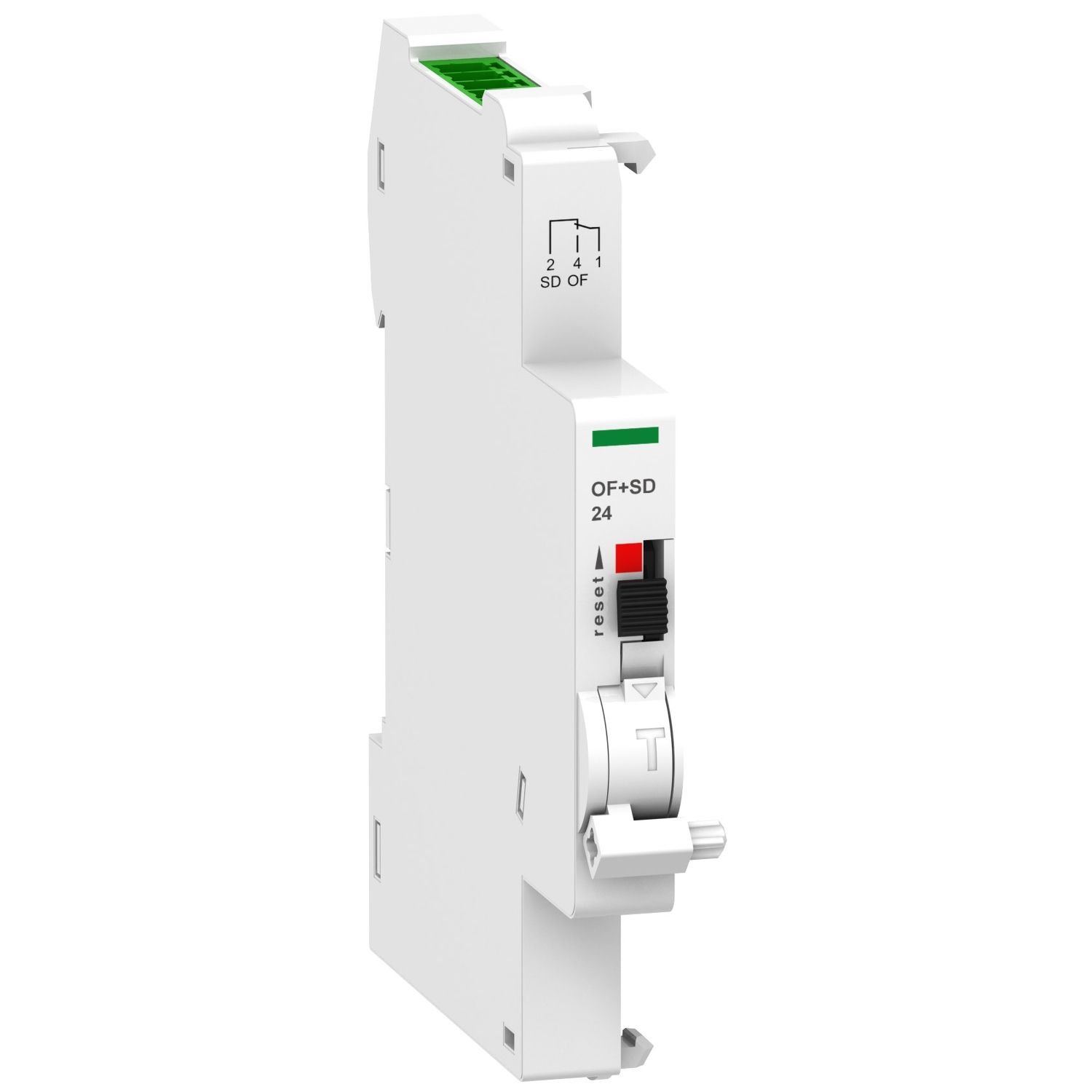 Picture of Auxiliary contact, Acti9, A9N, OF+SD, 1 NO + 1 NC, 2mA to 100mA, 24VDC, Ti24 connector on top (sold separately)
