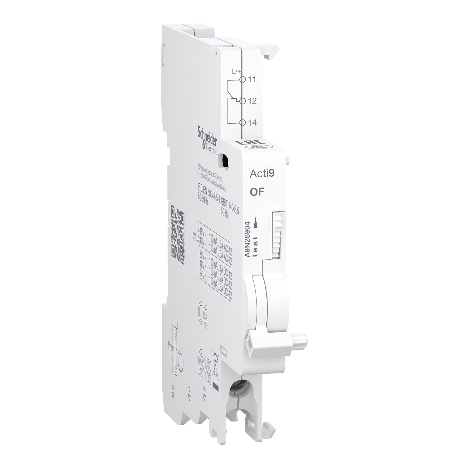 Picture of Auxiliary contact, Acti9, OF, 1 C/O, 100mA to 6A, 24VAC to 415VAC, 24VDC to 130VDC, bottom connection