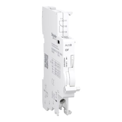Picture of Auxiliary contact, Acti9, OF, 1 C/O, 100mA to 6A, 24VAC to 415VAC, 24VDC to 130VDC, bottom connection
