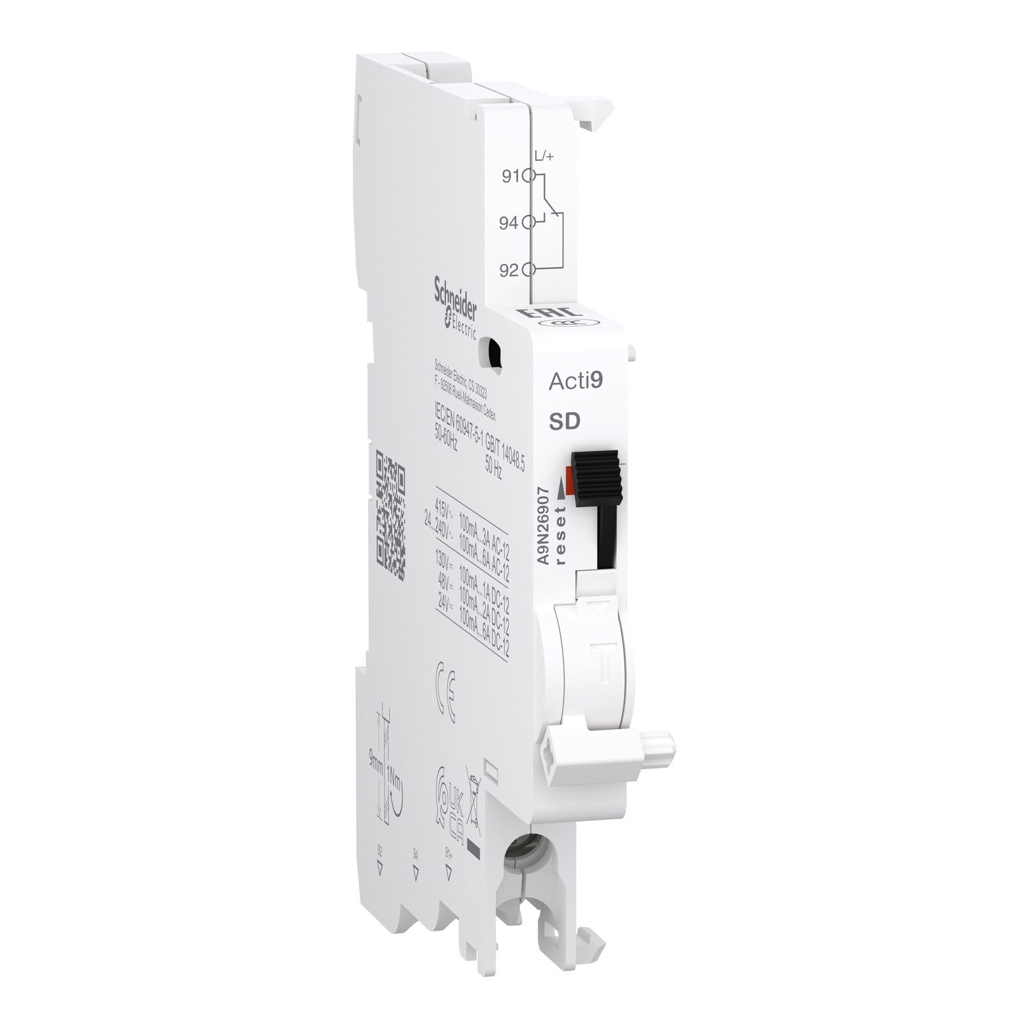 Picture of Auxiliary contact, Acti9, SD, 1 C/O, 100mA to 6A, 24-415 VAC, 24-130 VDC, bottom connection