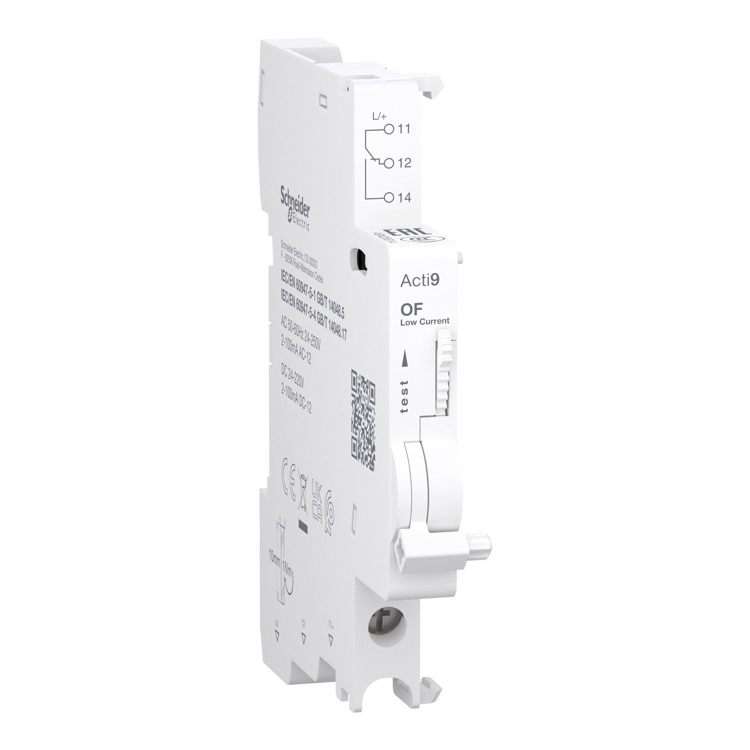 Picture of Auxiliary contact, Acti9, OF, 1 C/O, 2mA to 100mA, 24VAC to 250VAC, 24VDC to 220VDC, bottom connection