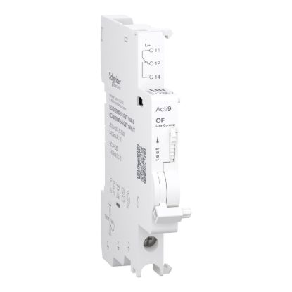 Picture of Auxiliary contact, Acti9, OF, 1 C/O, 2mA to 100mA, 24VAC to 250VAC, 24VDC to 220VDC, bottom connection
