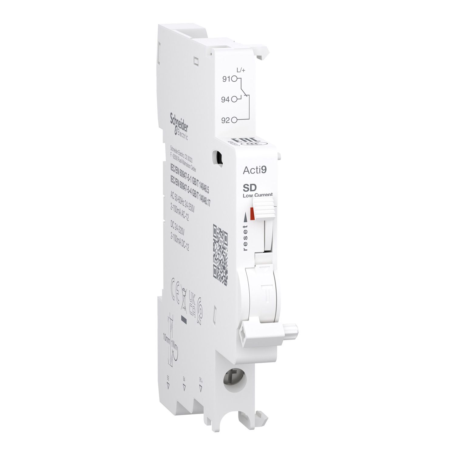 Picture of Auxiliary contact, Acti9, SD, 1 C/O, 2mA to 100mA, 24VAC to 250VAC, 24VDC to 220VDC, bottom connection