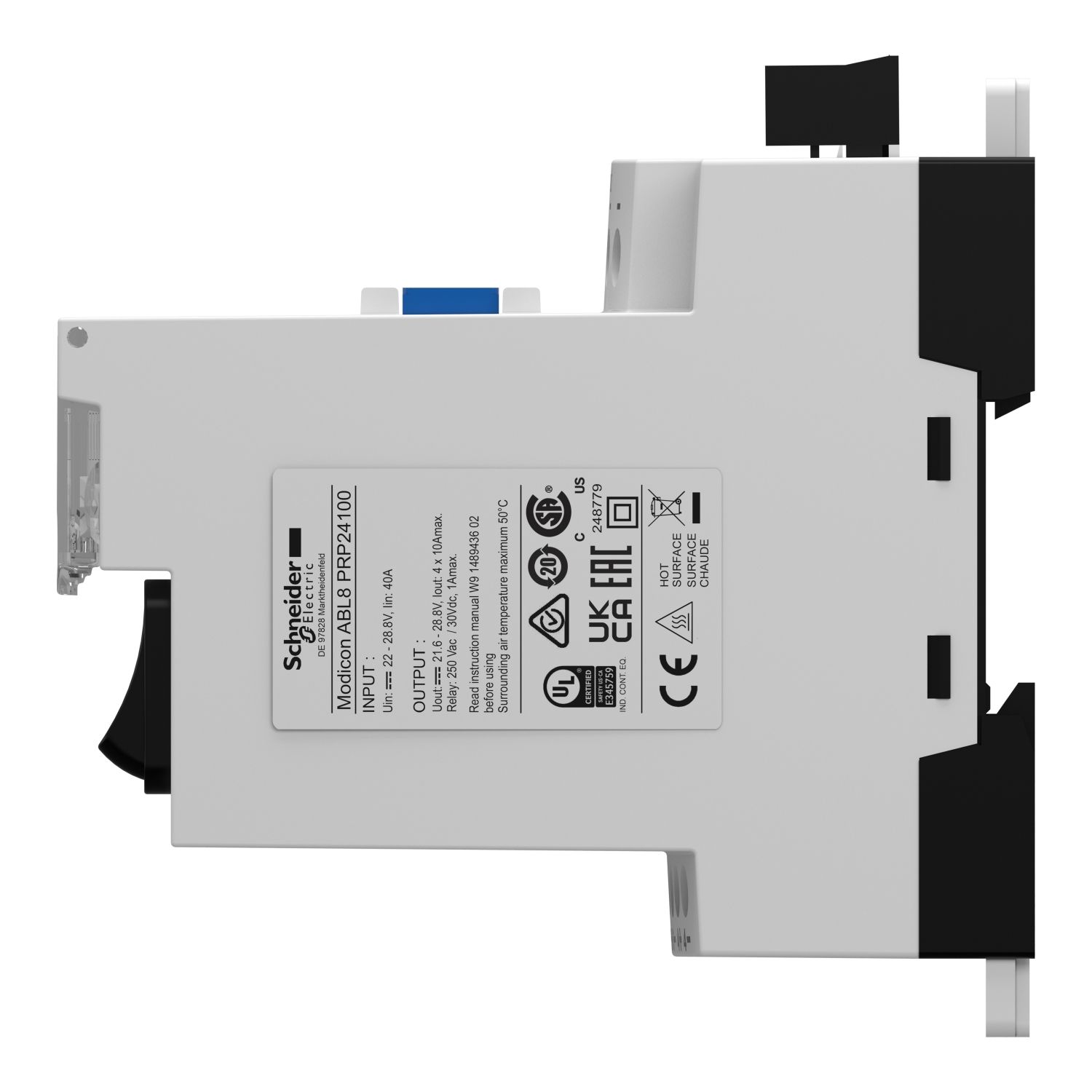 Picture of electronic protection module, phaseo ABL7 ABL8, 28 to 28.8V DC, 10A, for regulated SMPS, 2 pole breaking by channel