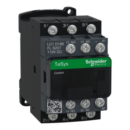 Picture of Contactor, Tesys Deca, railway S207, 3P(3NO), AC-3/AC-3e, 18A, <=440V, 110V DC low consumption coil, lugs-ring terminals