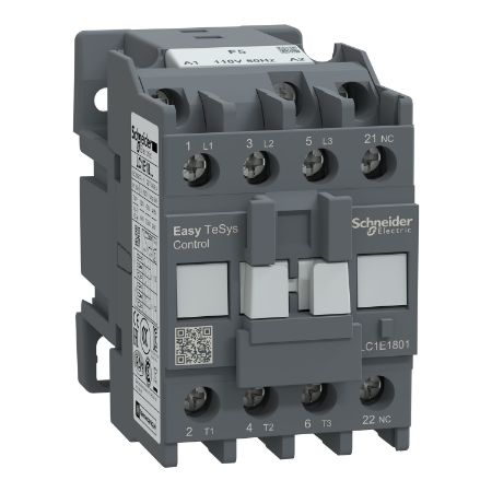 Picture of Contactor,Easy TeSys Control,LC1E,3P(3NO),AC-3,<=440V,18A,110V AC coil,50Hz,1NC auxiliary contact