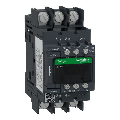Picture of Contactor, TeSys Deca, 3P(3 NO), AC-3/AC-3e, <=400V, 40A, 125V DC standard coil, lugs-ring terminals