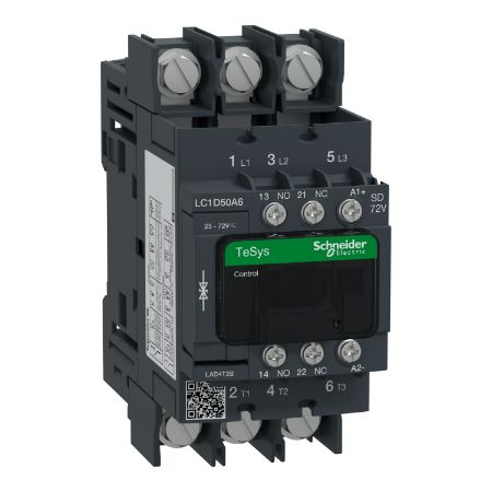 Picture of Contactor, TeSys Deca, 3P(3 NO), AC-3/AC-3e, <=400V, 50A, 72V DC standard coil, lugs-ring terminals