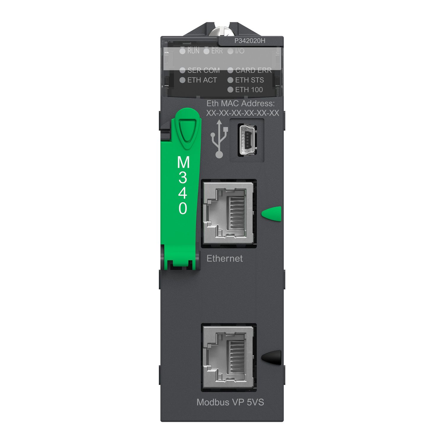 Picture of processor, Modicon M340, max 1024 discrete, 256 analog IO, Modbus, Ethernet, for severe environment