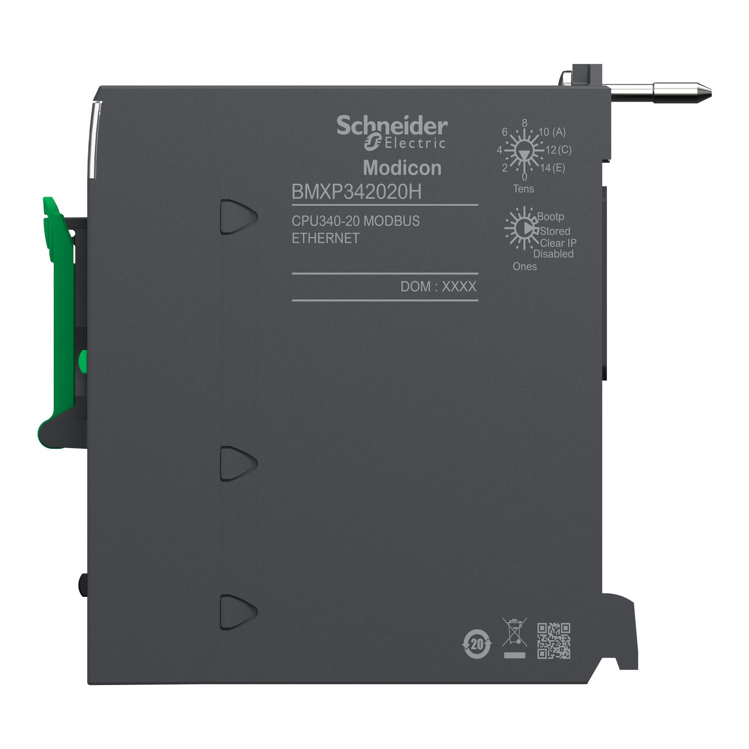 Picture of processor, Modicon M340, max 1024 discrete, 256 analog IO, Modbus, Ethernet, for severe environment