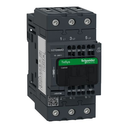 Picture of Contactor, TeSys Deca, 3P(3 NO), AC-3/AC-3e, <=400V, 50A, 12V DC standard coil, spring terminals