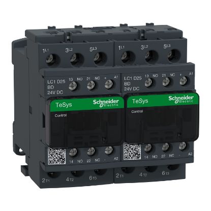 Picture of Reversing Contactor, TeSys Deca, 3P(3NO),AC-3, <=440V 25A,24V DC coil, screw clamp terminals