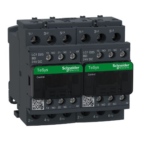 Picture of Reversing Contactor, TeSys Deca, 3P(3NO),AC-3, <=440V 25A,24V DC coil, screw clamp terminals