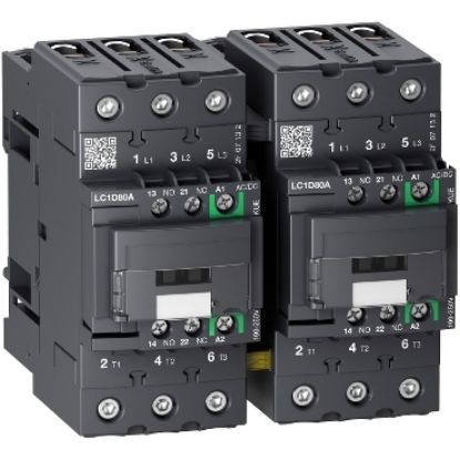 Picture of Reversing contactor, TeSys Deca, 3P(3NO), AC-3/AC-3e, <=440V, 66A, 100...250V AC/DC coil, EverLink BTR screws