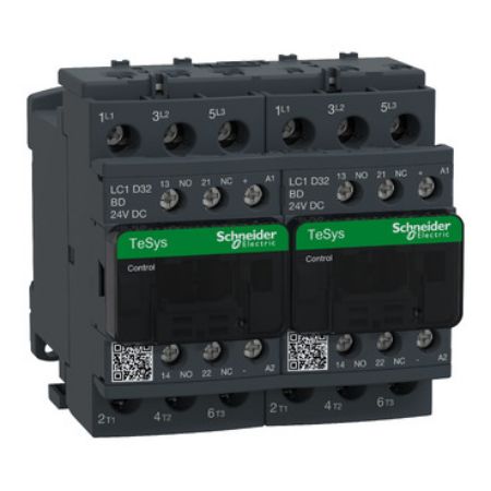 Picture of Reversing Contactor, TeSys Deca, 3P(3NO), AC-3, <=440V, 32A, 24V DC coil, with electrical interlocking, screw clamp terminals