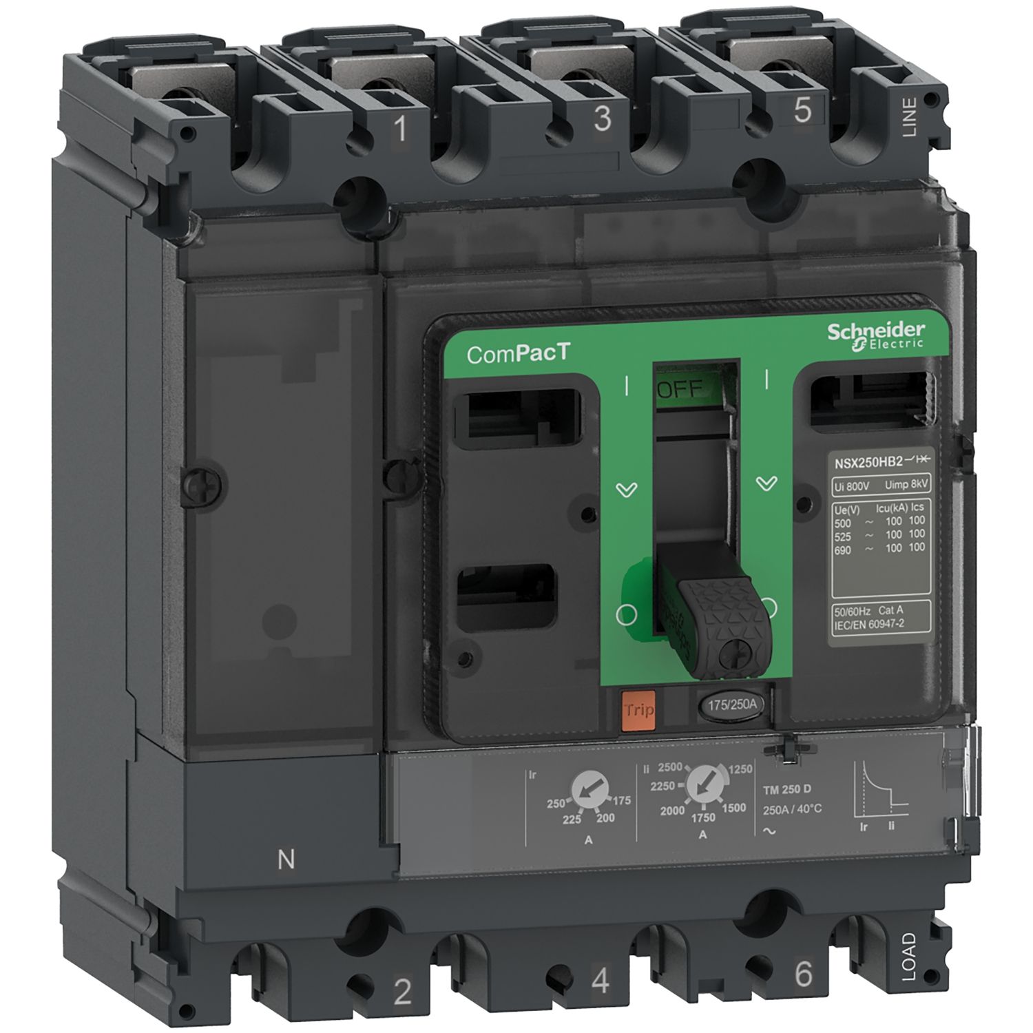 Picture of Circuit breaker, ComPacT NSX100N, 50kA/415VAC, 4 poles 3D (neutral not protected), TMD trip unit 100A
