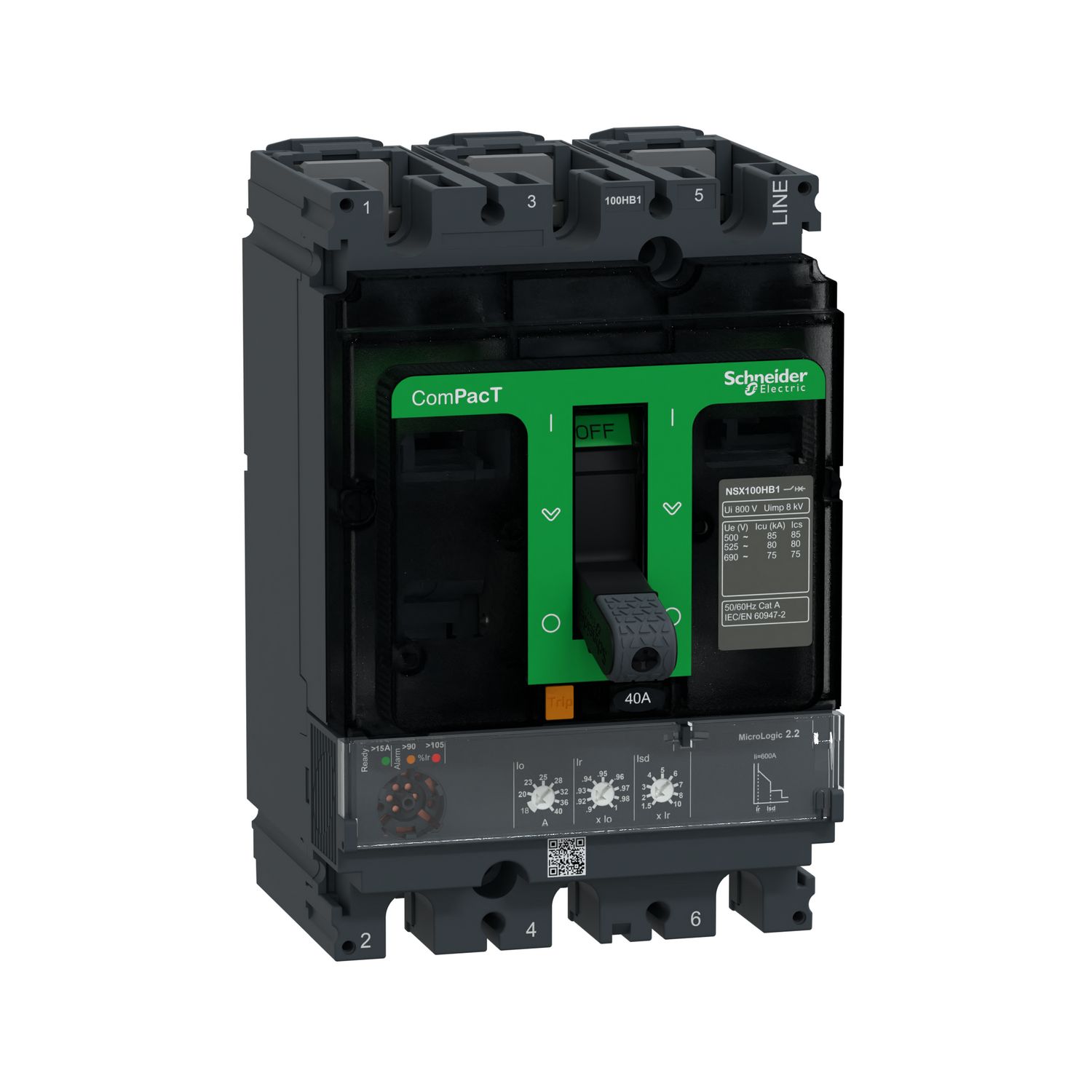 Picture of Circuit breaker, ComPacT NSX100HB1, 75kA/690VAC, 3 poles, MicroLogic 2.2 trip unit 40A