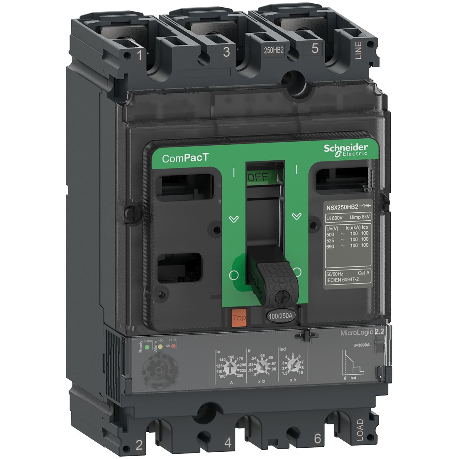 Picture of Circuit breaker, ComPacT NSX100HB1, 75kA/690VAC, 3 poles, MicroLogic 2.2 trip unit 100A