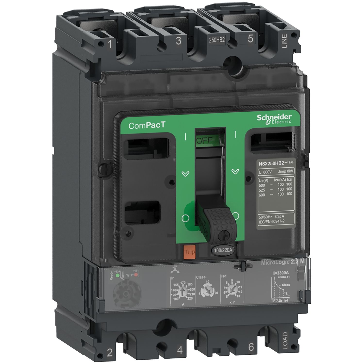 Picture of Circuit breaker, ComPacT NSX100HB1, 75kA/690VAC, 3 poles, MicroLogic 2.2M trip unit 100A