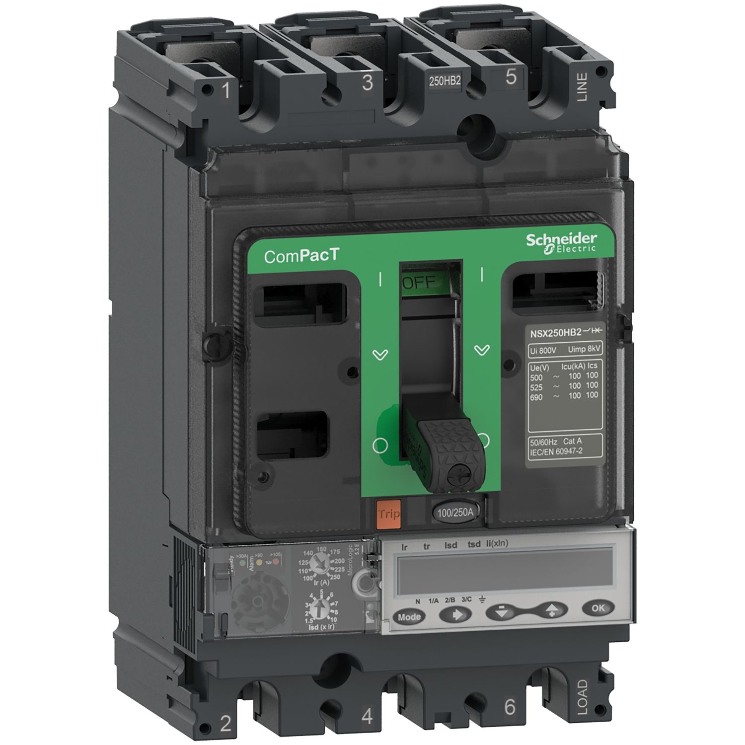 Picture of Circuit breaker, ComPacT NSX100HB1, 75kA/690VAC, 3 poles, MicroLogic 5.2E trip unit 40A