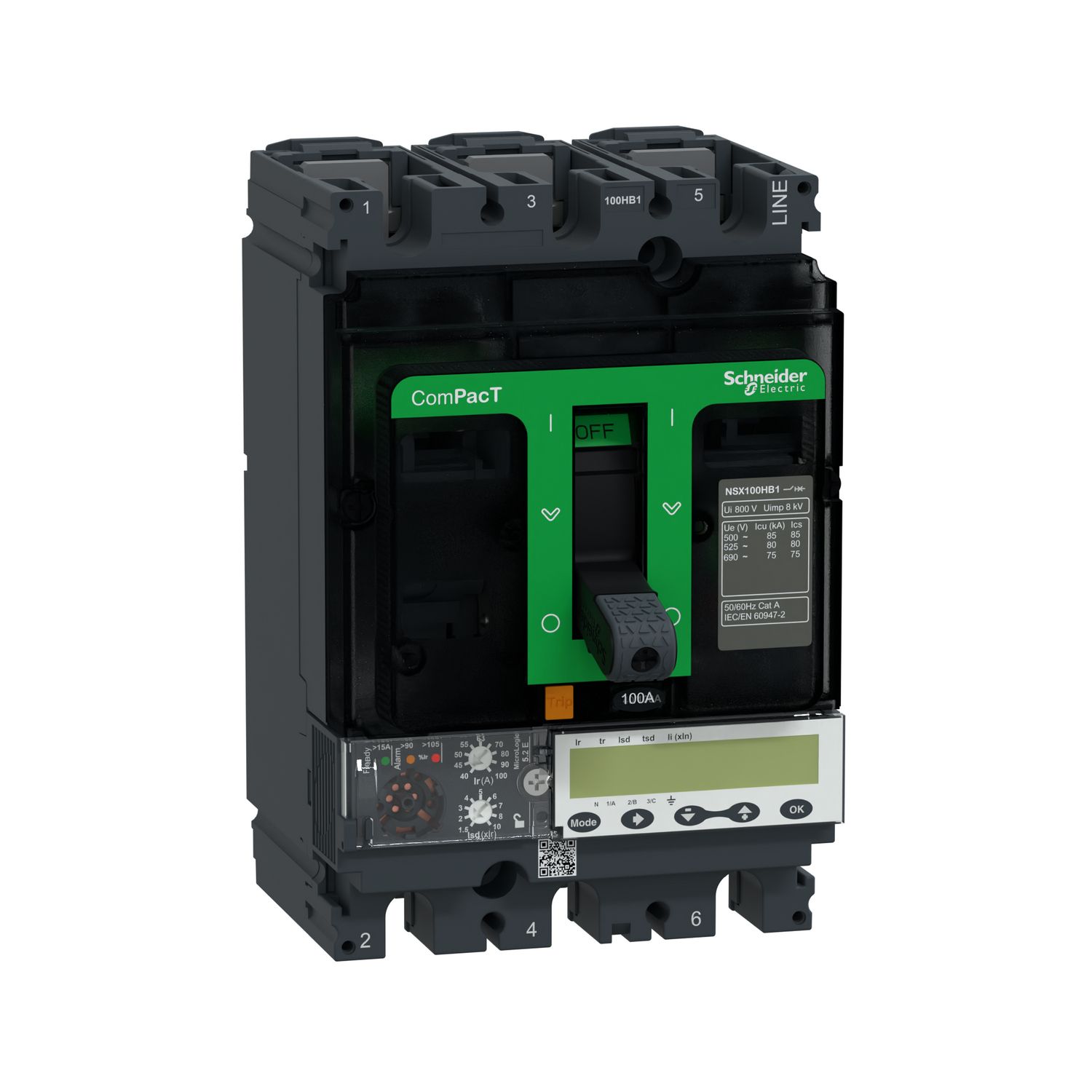 Picture of Circuit breaker, ComPacT NSX100HB1, 75kA/690VAC, 3 poles, MicroLogic 5.2E trip unit 100A