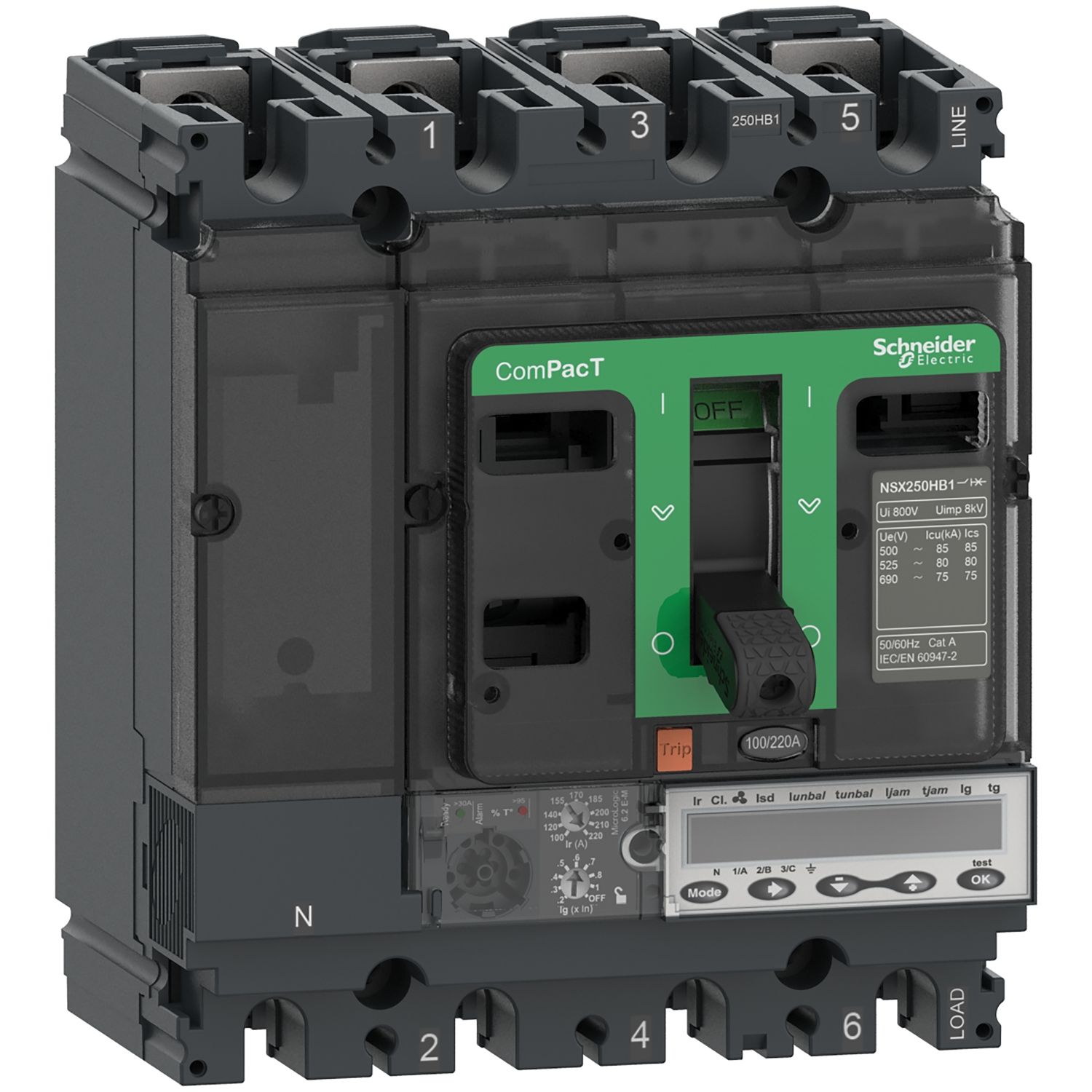 Picture of Circuit breaker, ComPacT NSX100HB1, 75kA/690VAC, 3 poles, MicroLogic 6.2E-M trip unit 80A