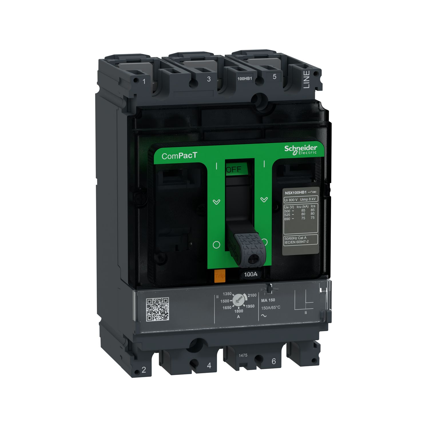 Picture of Circuit breaker, ComPacT NSX100HB1, 75kA/690VAC, 3 poles, MA trip unit 100A