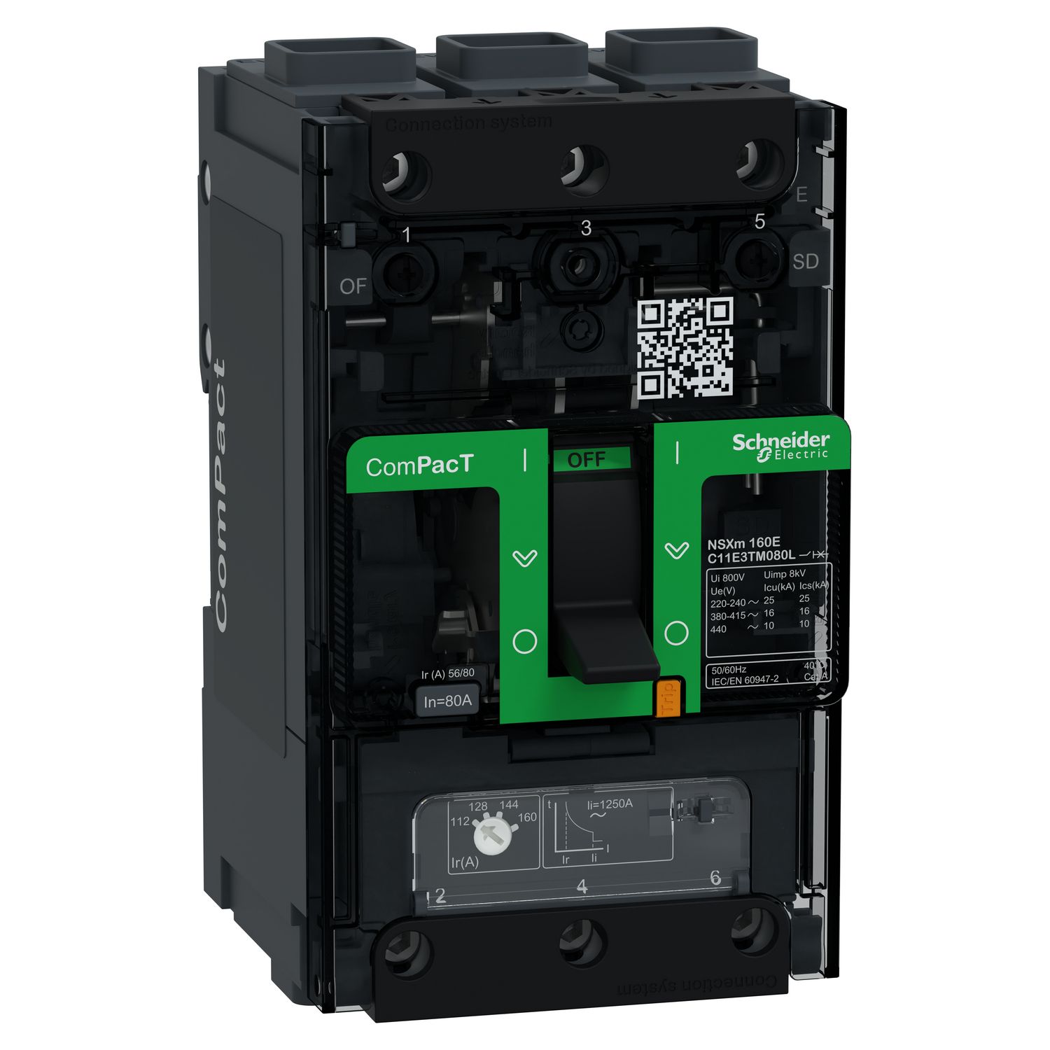 Picture of Circuit breaker, ComPacT NSXm 160E, 16kA/415VAC, 3 poles, TMD trip unit 80A, EverLink lugs
