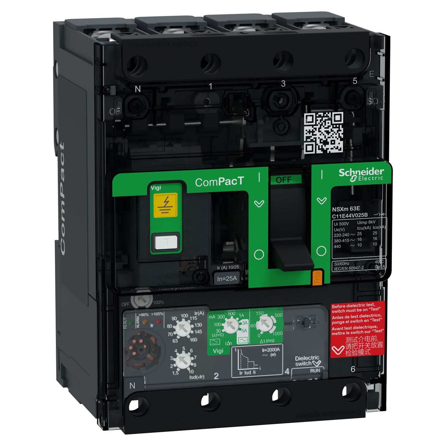 Picture of Circuit breaker, ComPacT NSXm 63E, 16kA/415VAC, 4 poles, MicroLogic 4.1 trip unit 25A, lugs/busbars