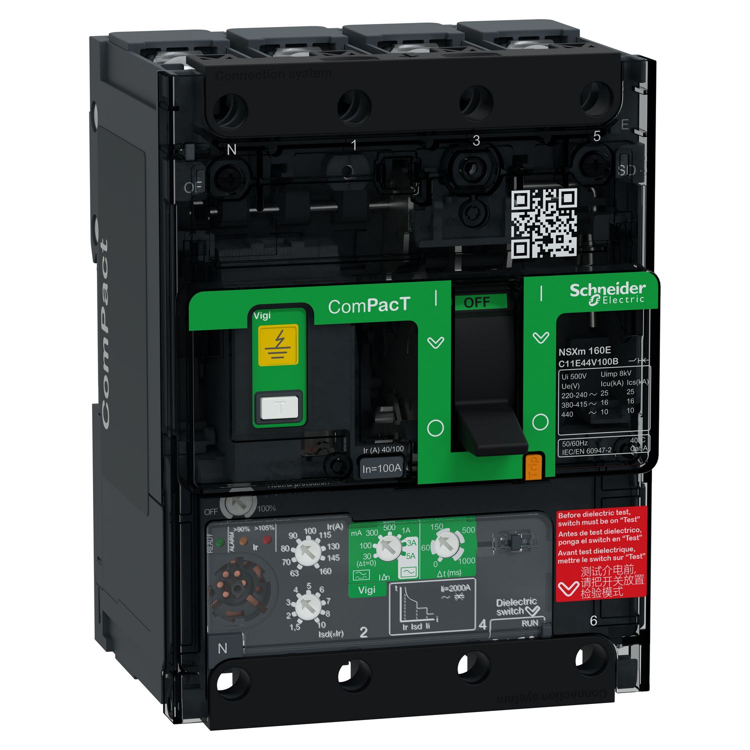Picture of Circuit breaker, ComPacT NSXm 160E, 16kA/415VAC, 4 poles, MicroLogic 4.1 trip unit 100A, lugs/busbars