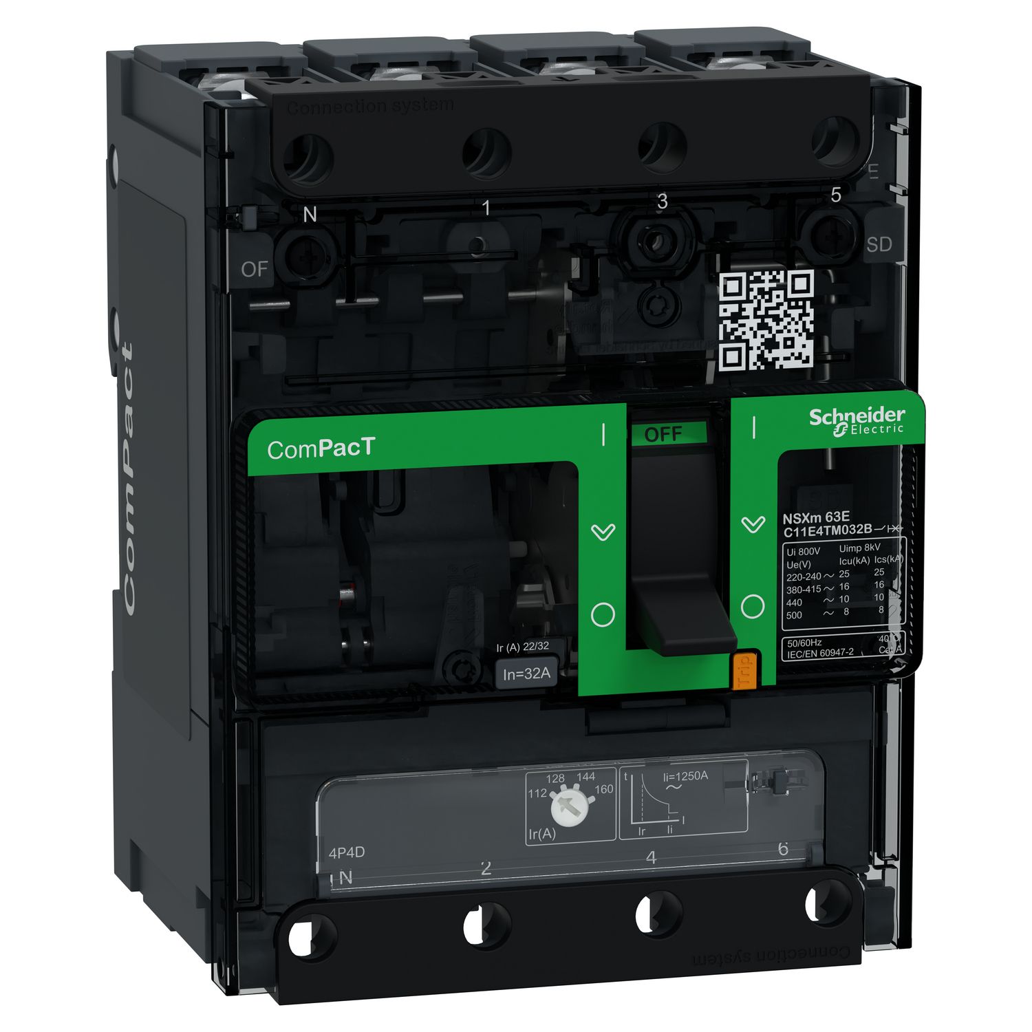 Picture of Circuit breaker, ComPacT NSXm 63E, 16kA/415VAC, 4 poles 4D (neutral fully protected), TMD trip unit 32A, lugs/busbars