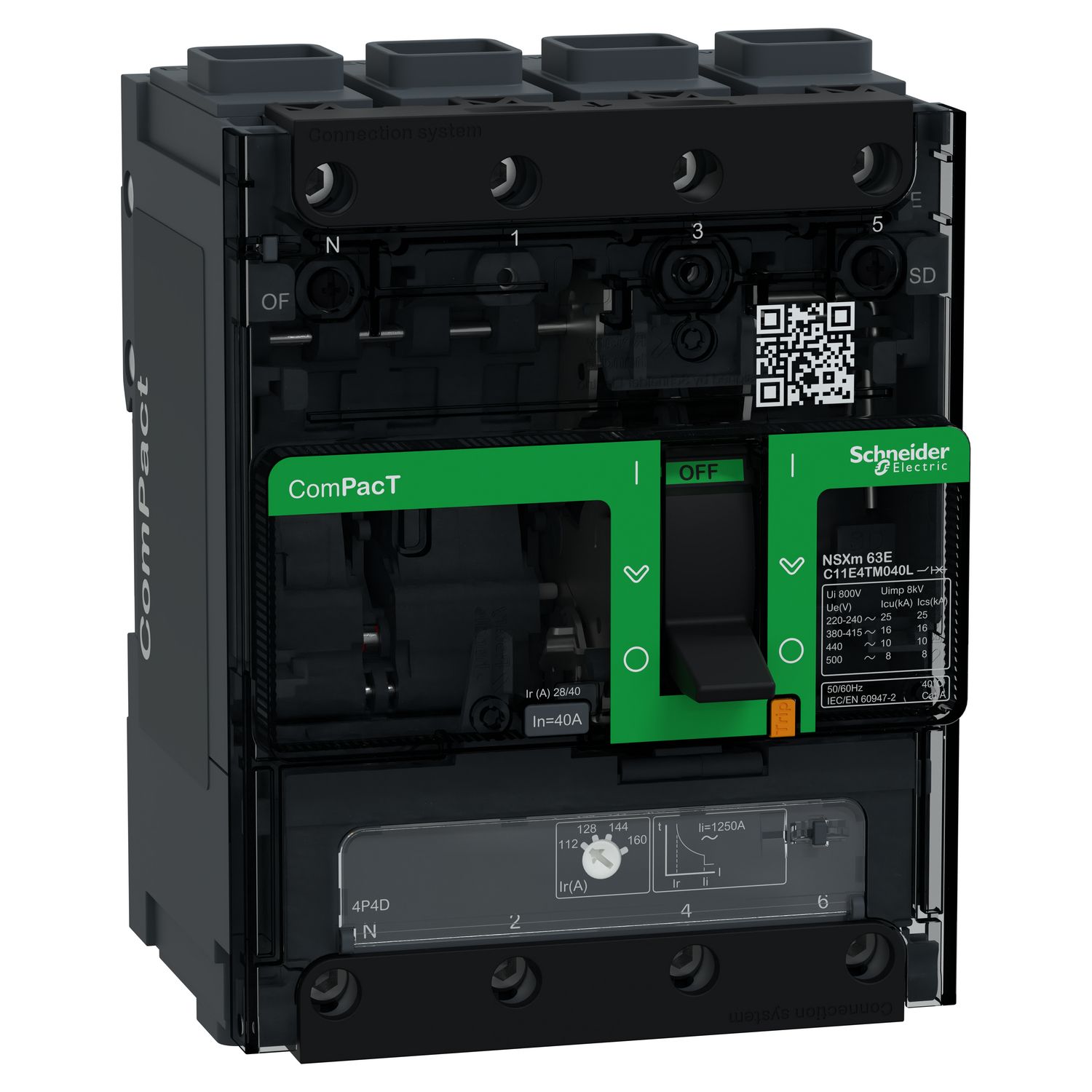 Picture of Circuit breaker, ComPacT NSXm 63E, 16kA/415VAC, 4 poles 4D (neutral fully protected), TMD trip unit 40A, EverLink lugs