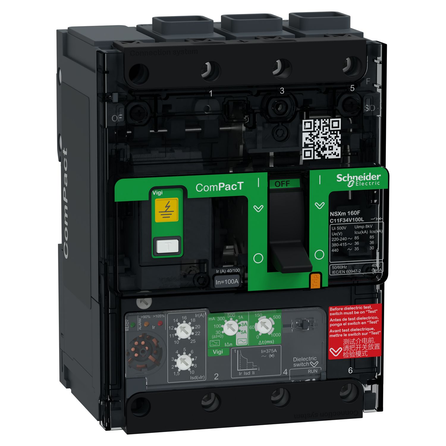Picture of Circuit breaker, ComPacT NSXm 160F, 36kA/415VAC, 3 poles, MicroLogic 4.1 trip unit 100A, EverLink lugs