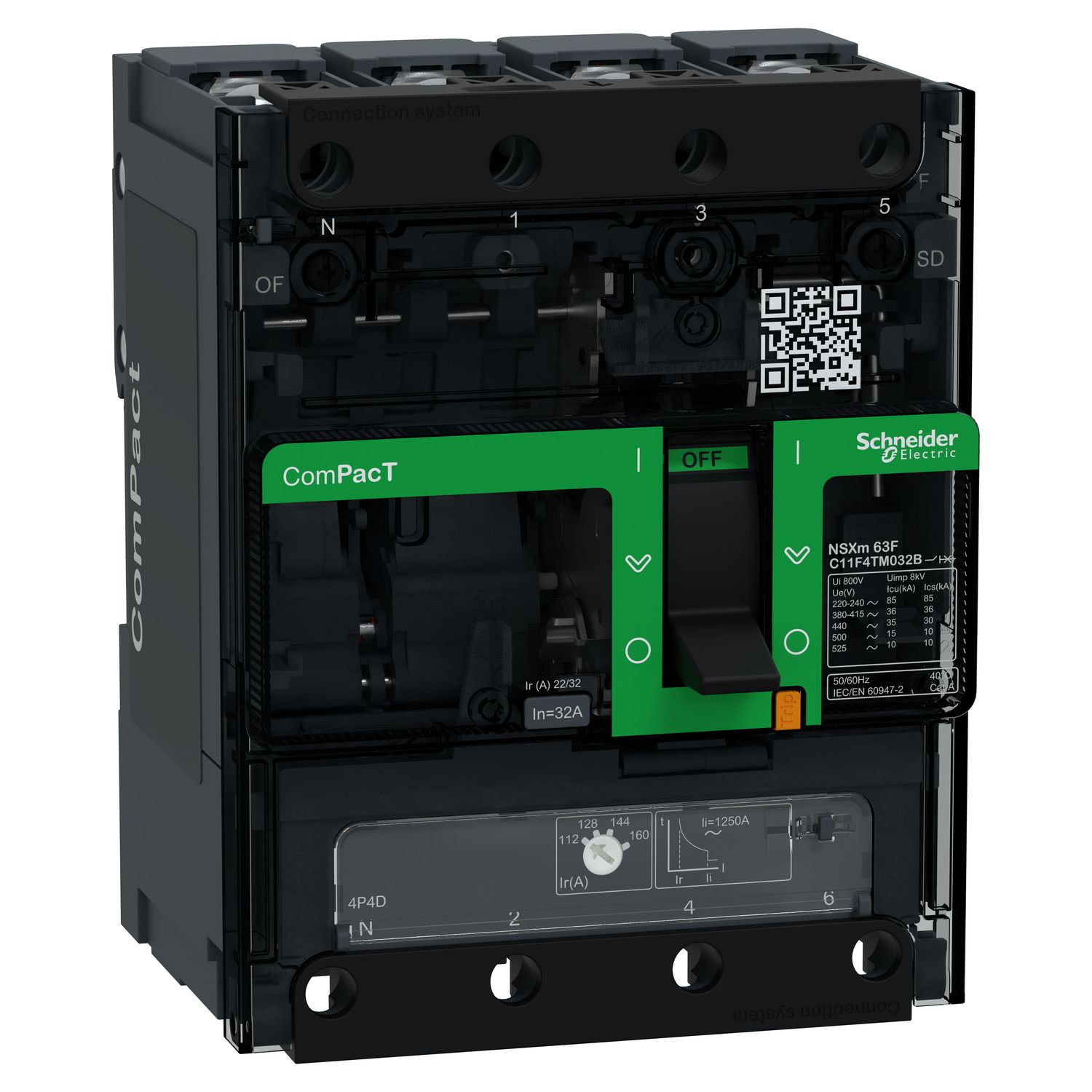 Picture of Circuit breaker, ComPacT NSXm 63F, 36kA/415VAC, 4 poles 4D (neutral fully protected), TMD trip unit 32A, lugs/busbars