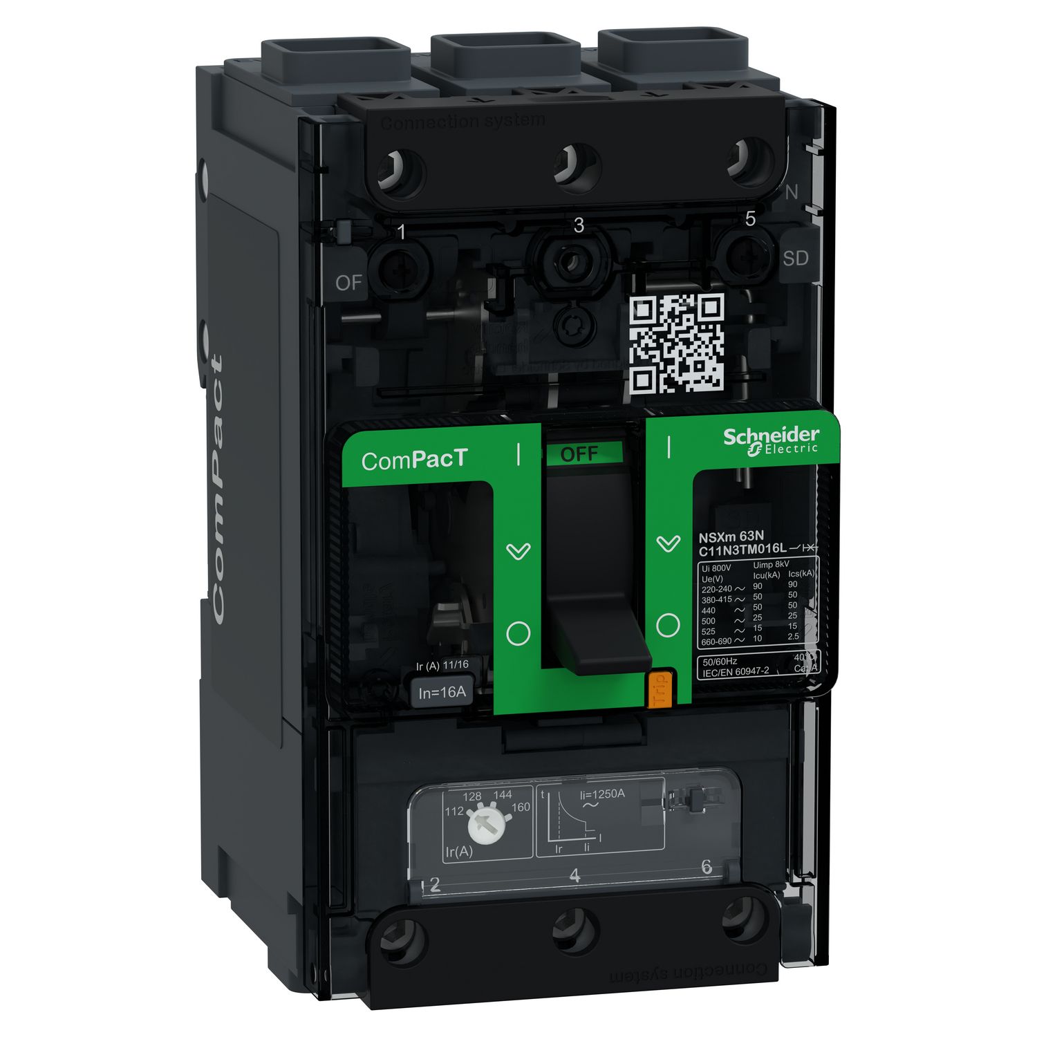 Picture of Circuit breaker, ComPacT NSXm 63N, 50kA/415VAC, 3 poles, TMD trip unit 16A, EverLink lugs