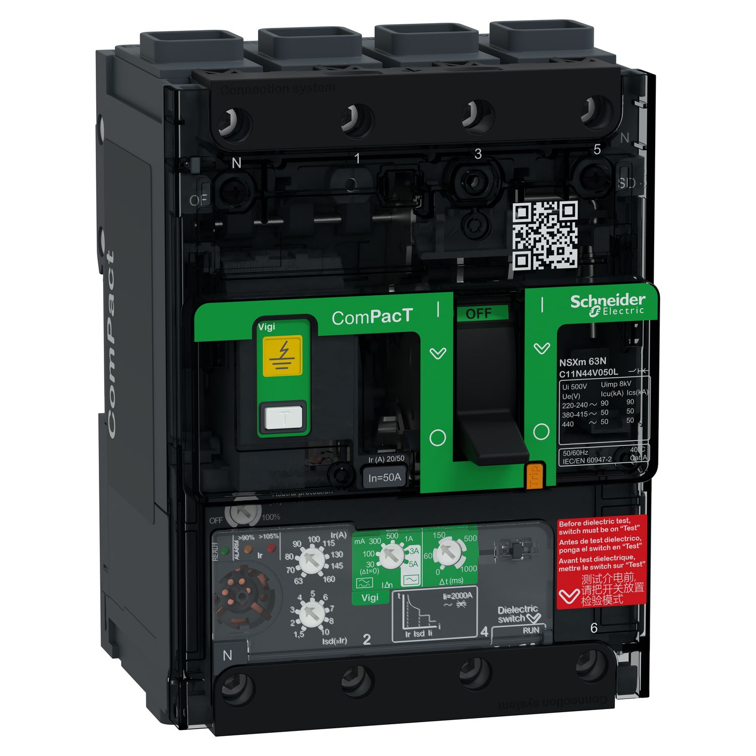 Picture of Circuit breaker, ComPacT NSXm 63N, 50kA/415VAC, 4 poles, MicroLogic 4.1 trip unit 50A, EverLink lugs
