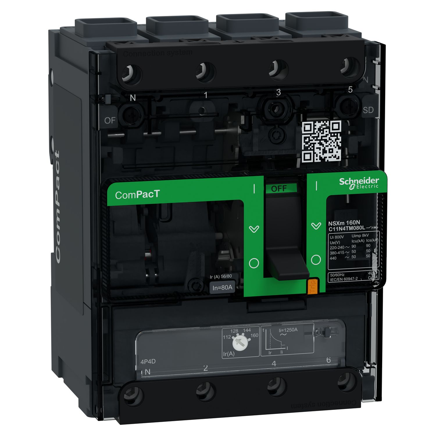 Picture of Circuit breaker, ComPacT NSXm 160N, 50kA/415VAC, 4 poles 4D (neutral fully protected), TMD trip unit 80A, EverLink lugs