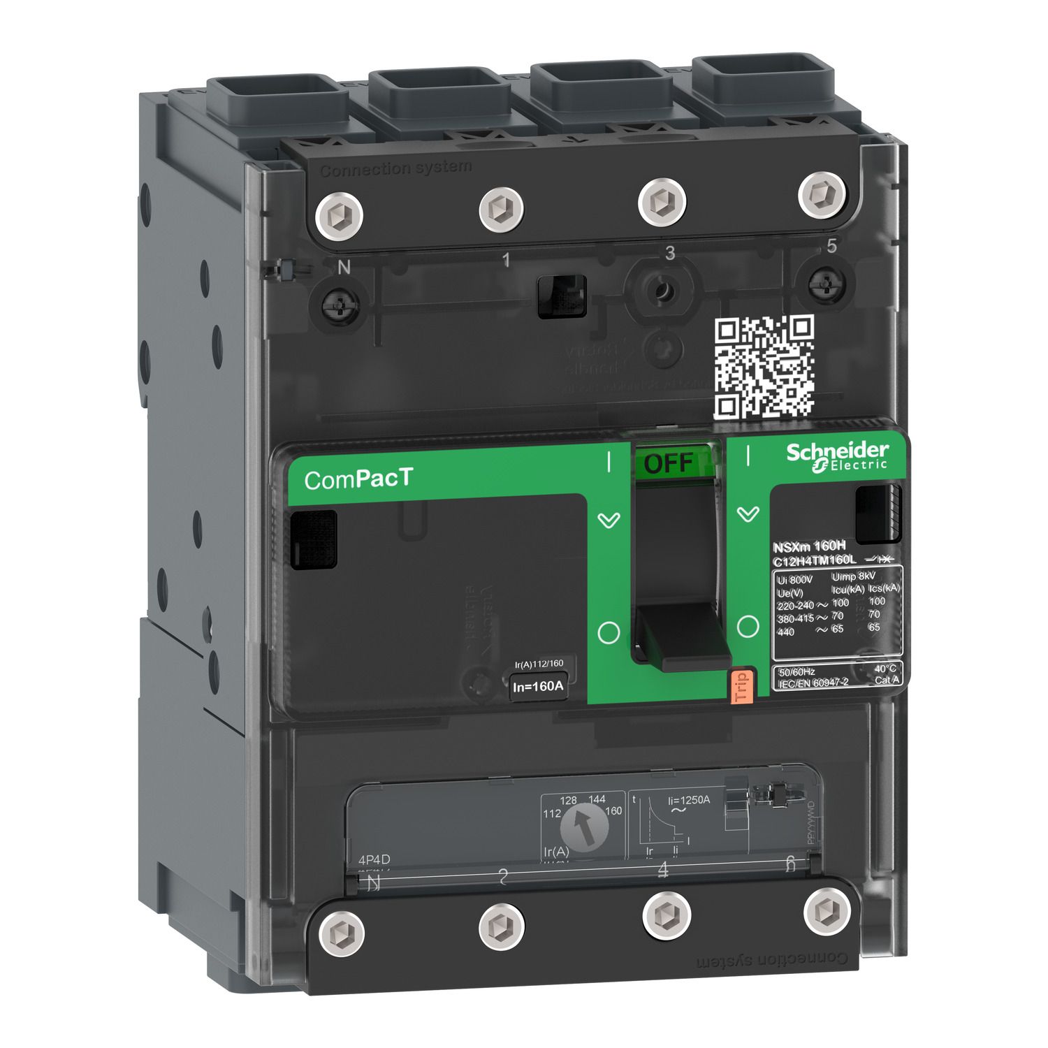 Picture of Circuit breaker, ComPacT NSXm 160E, 16kA/415VAC, 4 poles 4D (neutral fully protected), TMD trip unit 125A, EverLink lugs