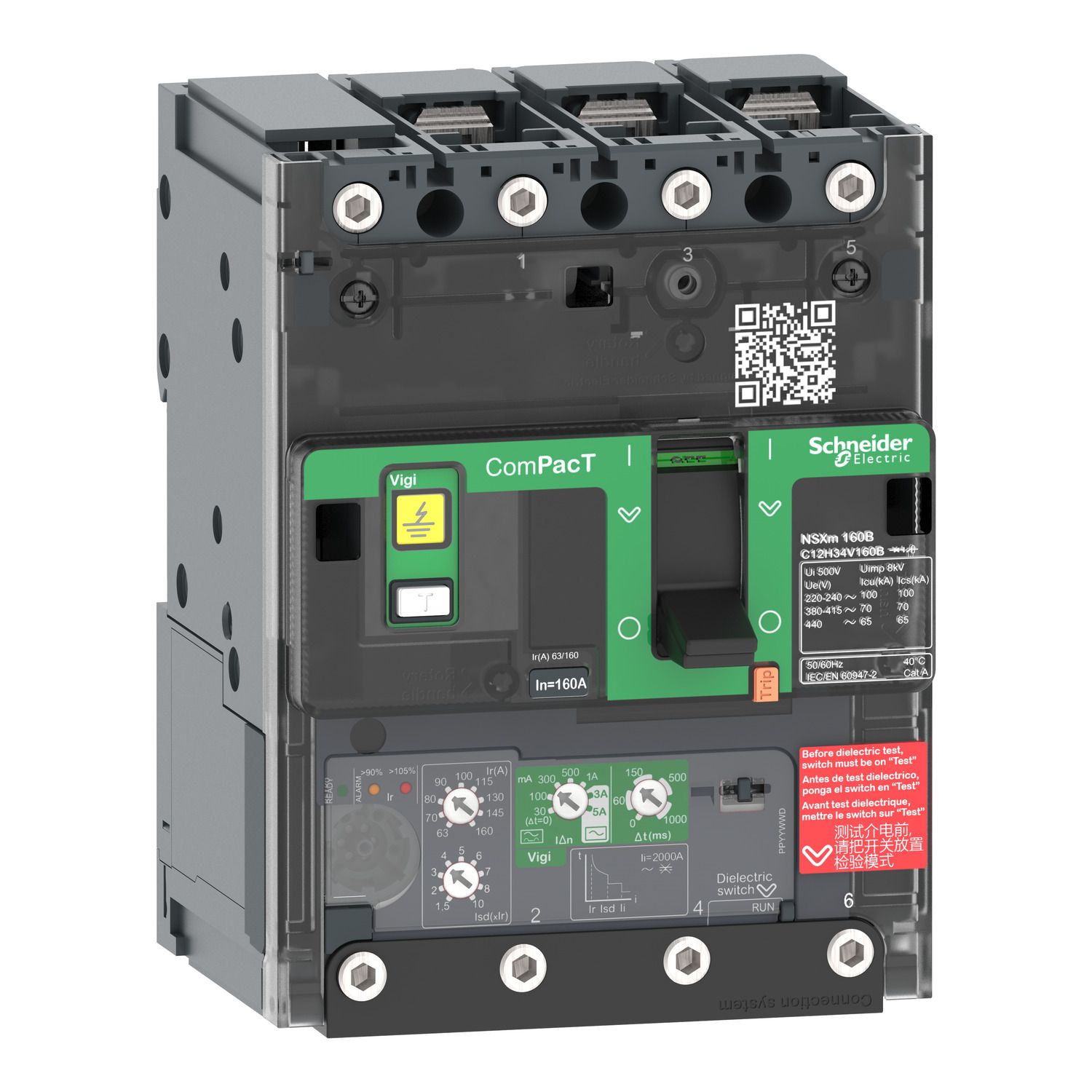 Picture of Circuit breaker, ComPacT NSXm 160H, 70kA/415VAC, 3 poles, MicroLogic 4.1 trip unit 160A, lugs/busbars