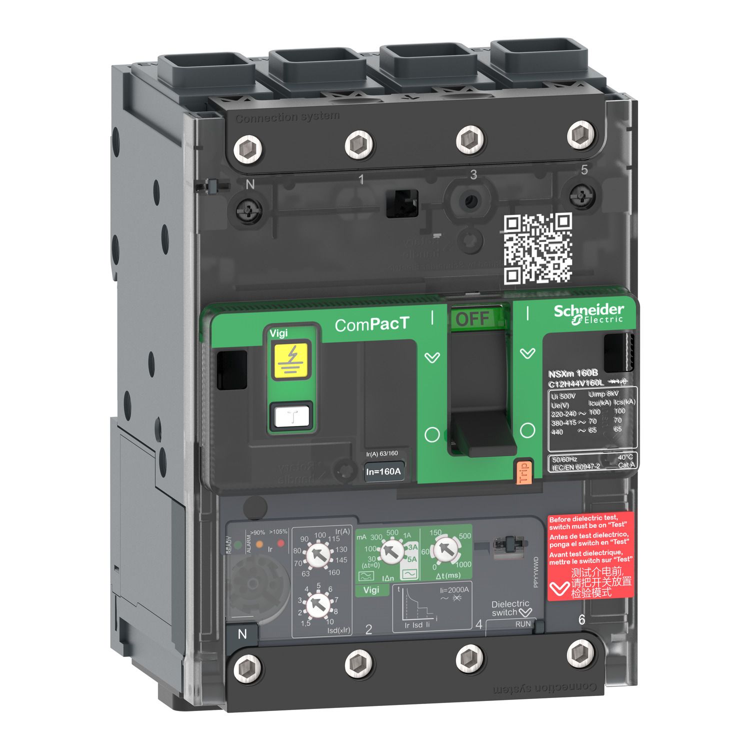 Picture of Circuit breaker, ComPacT NSXm 160H, 70kA/415VAC, 4 poles, MicroLogic 4.1 trip unit 160A, EverLink lugs