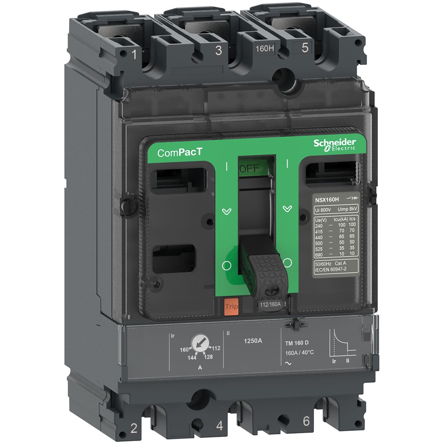 Picture of Circuit breaker, ComPacT NSX160B, 25kA/415VAC, 3 poles, TMD trip unit 80A