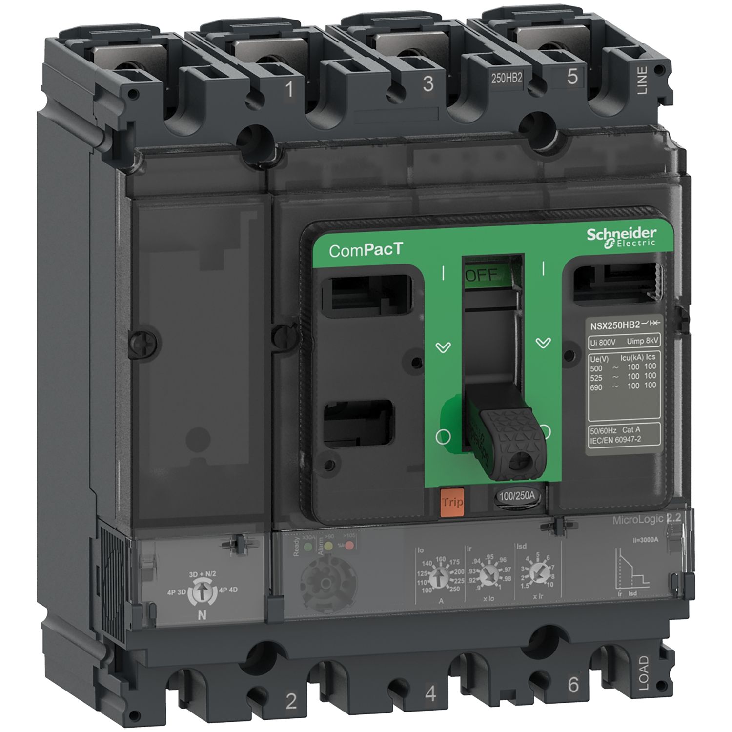 Picture of Circuit breaker, ComPacT NSX160H, 70kA/415VAC, 4 poles, MicroLogic 2.2 trip unit 160A